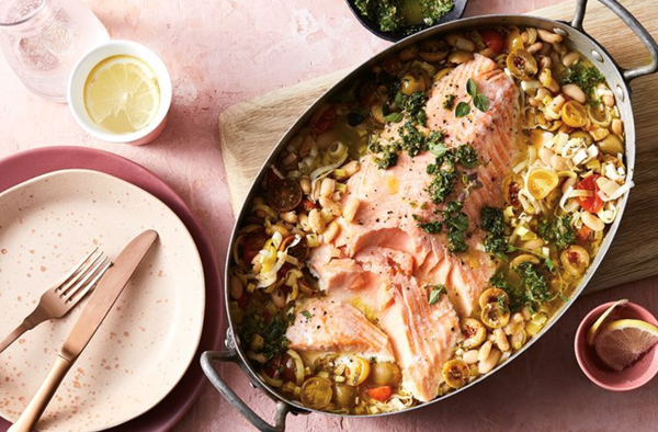 Tray-baked salmon with braised beans and leeks