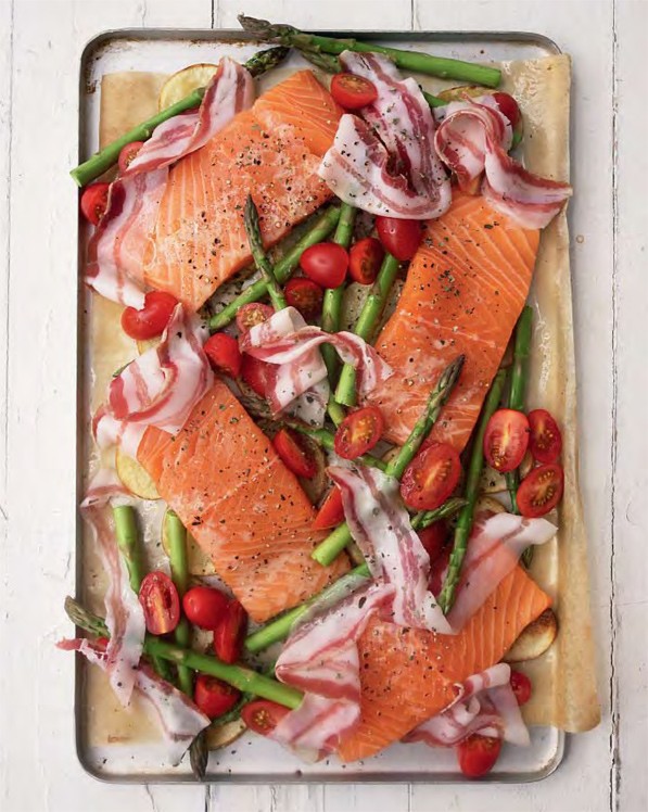 Tray-baked salmon with pancetta, potatoes, tomatoes and asparagus