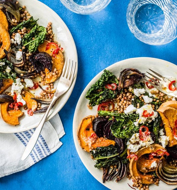 Tray-baked squash, beetroot and giant couscous with goat's cheese