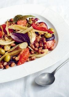 Tray-baked summer vegetables with chilli and borlotti beans