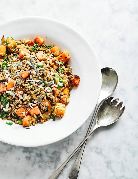 Tray-roast squash, sweet potato and grain salad