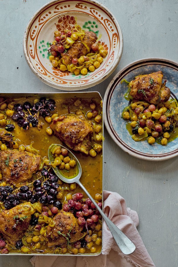 Traybake chicken with spiced grapes, chickpeas and thyme