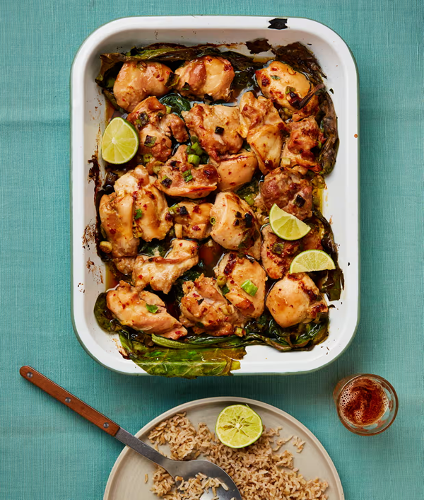 Traybake miso-ginger chicken thighs with chard