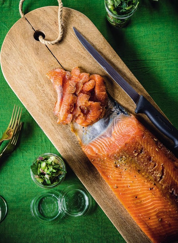 Treacle-cured salmon with cucumber & herb salsa