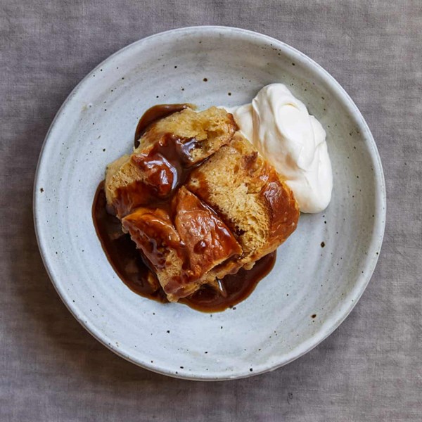 Tres leches bread and butter pudding with spiced rum butterscotch