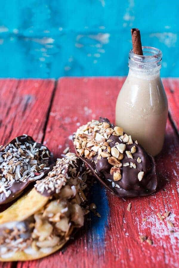 Tres leches coconut and chocolate fudge ice cream tacos with banana peanut salsa