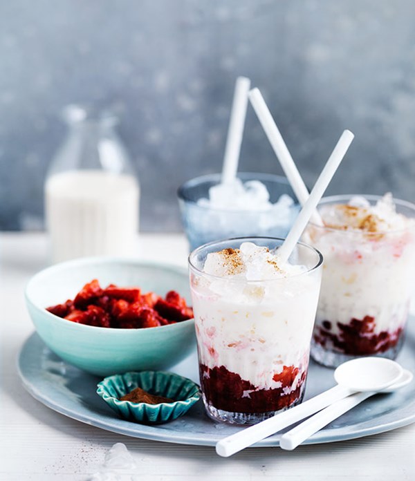 Tres leches with smashed strawberries
