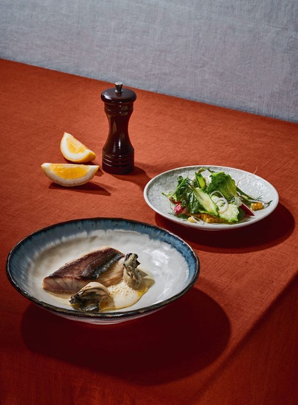 Trevally with butter-poached oysters, basil beurre blanc and rustic salad