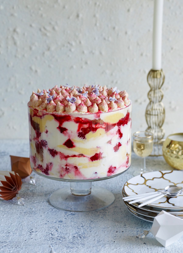 Trifle with lemon cream, raspberries and meringues