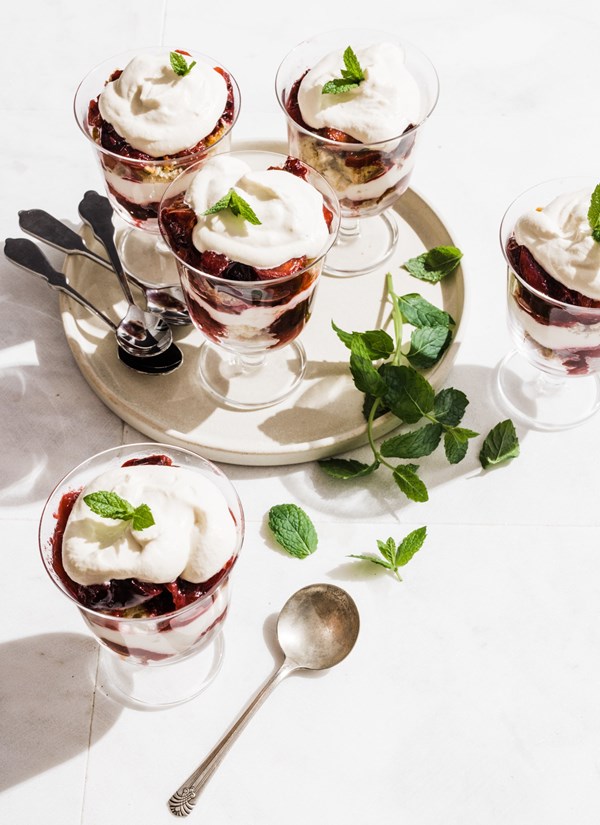 Trifle with plums, oat pound cake and maple whipped cream