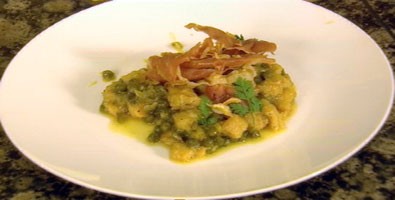 Tripe with Surprise peas, verjuice and pancetta