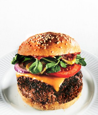 Triple-beef cheeseburgers with spiced ketchup and red vinegar pickles