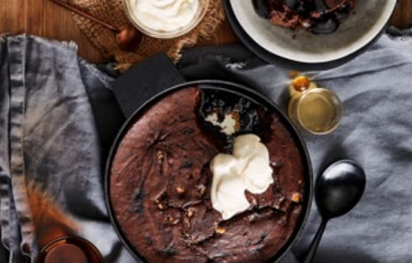 Triple-choc self-saucing pudding with coffee cream