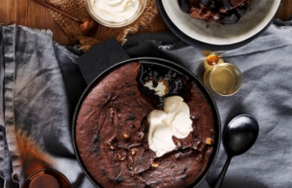 Triple-choc self-saucing pudding with coffee cream
