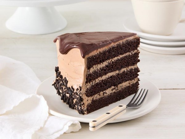 Triple chocolate layer cake with cookie crunch