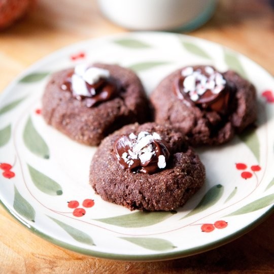 Triple-chocolate peppermint thumbprint cookies