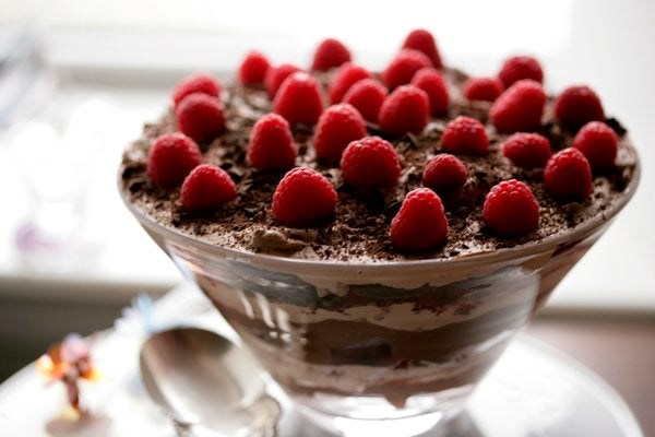 Triple chocolate trifle with raspberries