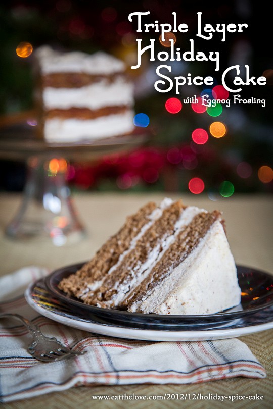 Triple layer holiday spice cake with eggnog frosting