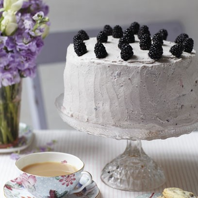 Triple-layer lemon cake with fresh blackberry jam and blackberry Swiss meringue buttercream