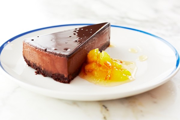 Triple layered chocolate tart with orange compote