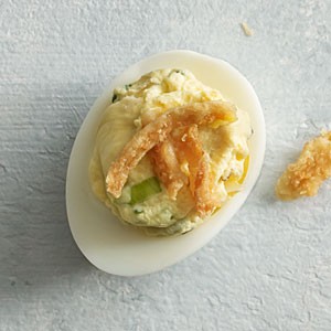 Triple onion deviled eggs
