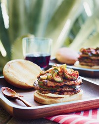 Triple pork burgers with quick cucumber kimchi