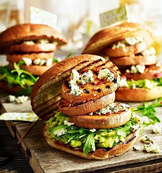 Triple sweet potato and Stilton 'burgers' with rocket and avocado mash