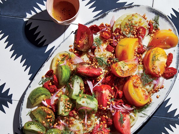 Triple tomato salad with crispy farro
