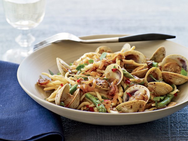 Trofie pasta with cockles, chiles and black bean sauce