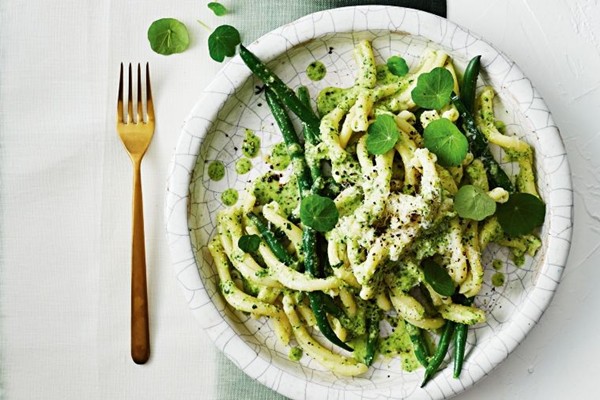 Trofie with nasturtium & macadamia pesto