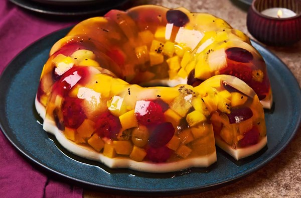 Tropical fruit & coconut jelly cake with coconut sauce