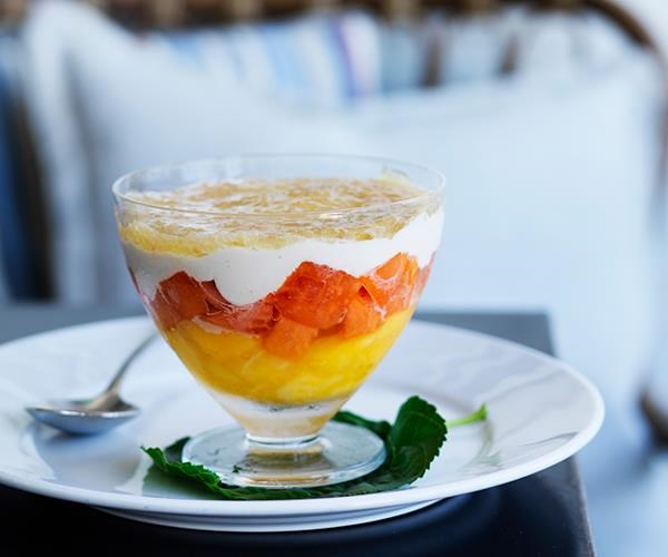 Tropical fruit cup with coconut cream and finger lime jelly