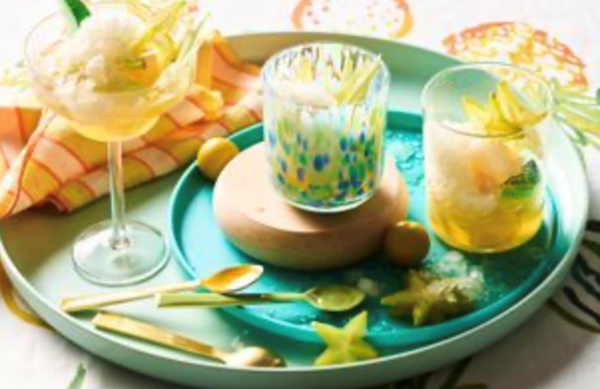 Tropical fruit in citrus syrup with pandan granita