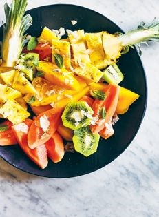 Tropical fruit salad with ginger and vanilla syrup