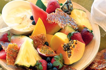 Tropical fruits with kaffir lime toffee and yoghurt