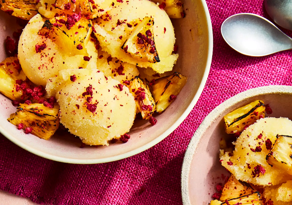 Tropical jackfruit-ginger ale sorbet with charred pineapple