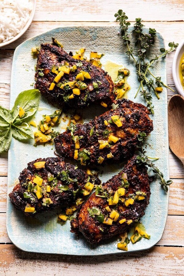 Tropical jerk grilled chicken with charred mango salsa verde