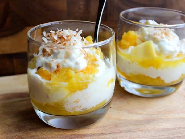 Tropical pineapple, mango, and coconut fools