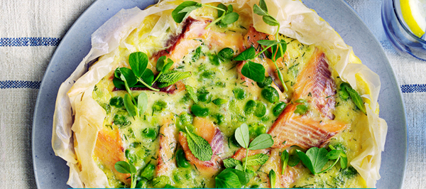 Trout and broad bean filo tart