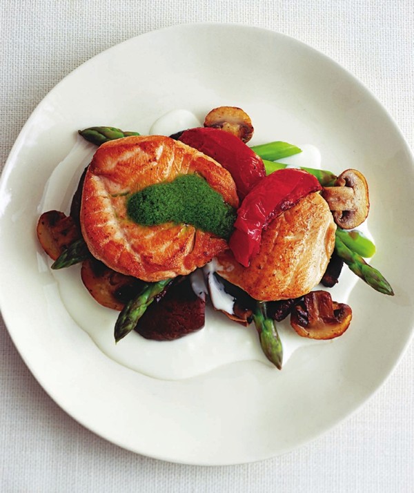 Trout and salmon with lemon-thyme cream sauce and basil oil
