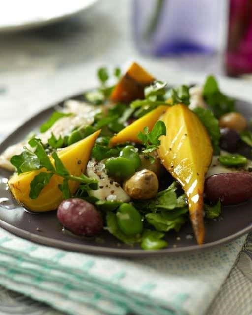 Trout, beet and fava bean salad