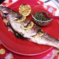 Trout, dill and lemon parcels with salsa verde
