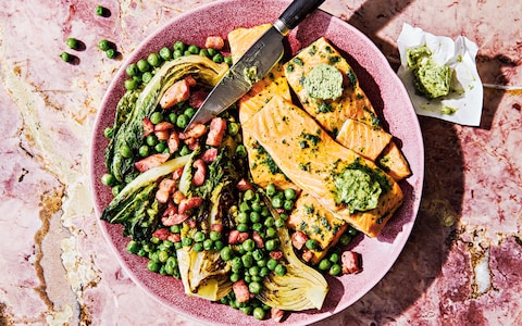 Trout fillets with herb butter, lettuce, peas and bacon