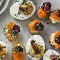 Trout, gin-soaked blackberries and horseradish jackets