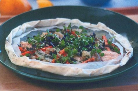 Trout in parchment with crosnes, fennel, carrots, and herbs