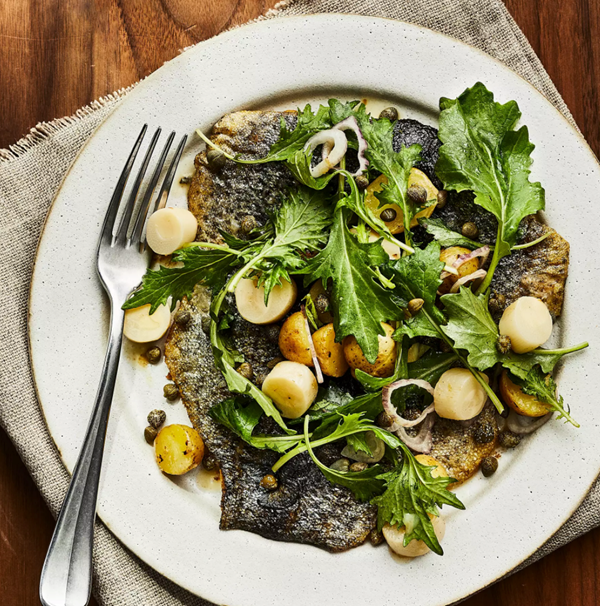 Trout in sage brown butter with hearts of palm salad
