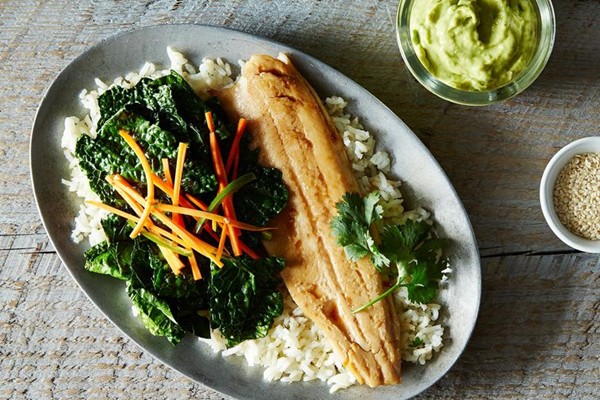Trout kabayaki with avocado