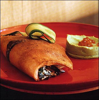 Trout spanakopitta with avocado and salmon roe
