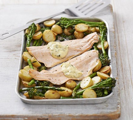 Trout traybake with minty Hollandaise