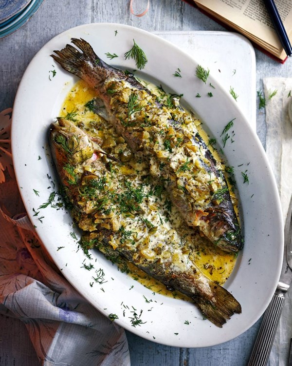 Trout with crème fraîche and brined gherkins 